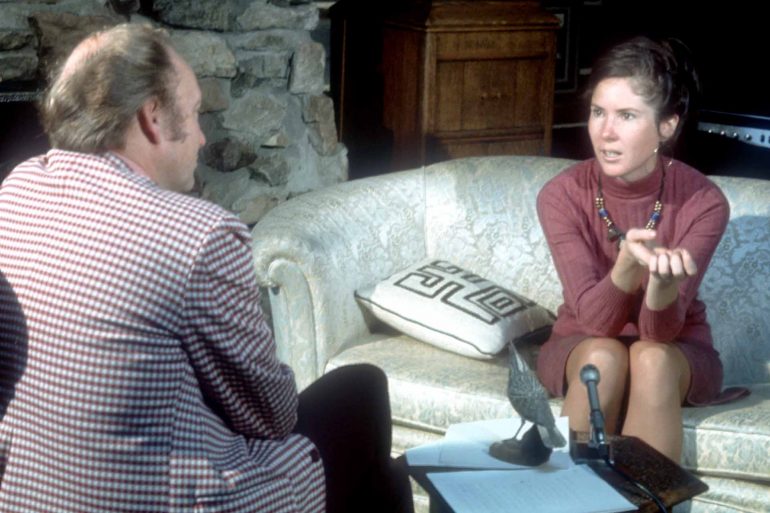 Rep. Dorothy Bradley answers questions from a reporter during her first term in the Montana House of Representatives. (Mansfield Library, University of Montana)