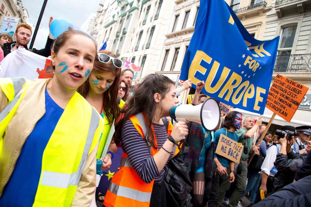 Demonstrators march against Brexit during the March for Europe rally in London in 2016. (Michael Puche)