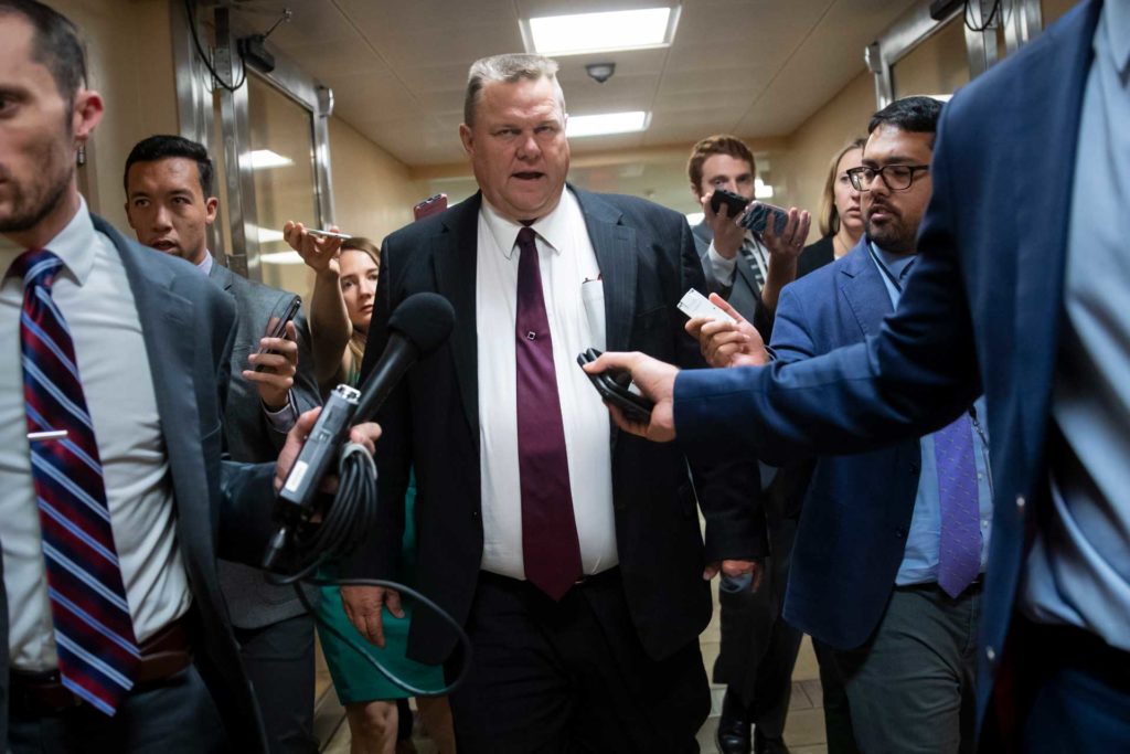 Sen. Jon Tester, D-Mont., responds to reporters’ questions on Supreme Court nominee Brett Kavanaugh on Capitol Hill in Washington, D.C., in 2018. (AP Photo, Rachel Leathe)