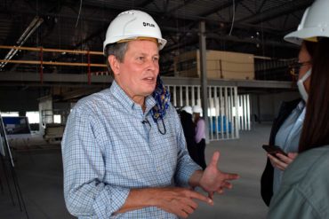 U.S. Sen. Steve Daines speaks at a manufacturing facility under construction in Bozeman. (AP Photo, Matthew Brown)