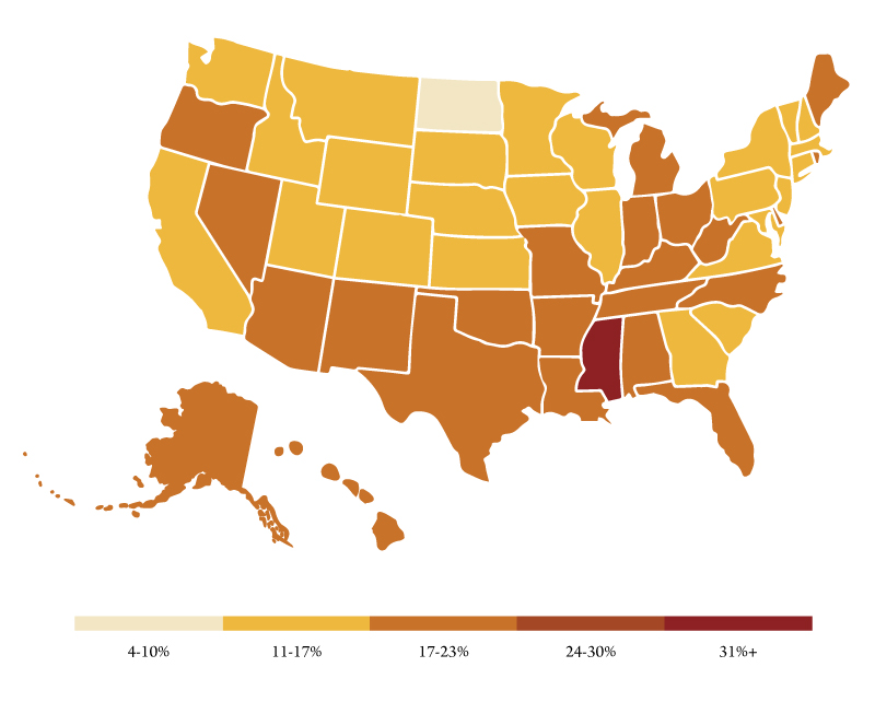Figure 1. Projected rates of food insecurity among the overall population in 2020, by state. Source: Feeding America.